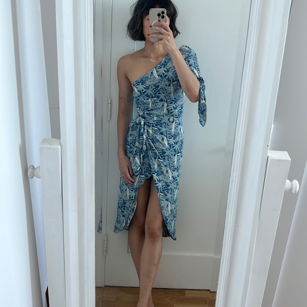 Reformation palm tree surf board print one shoulder asymmetric wrap dress